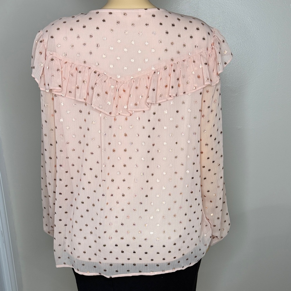 LC Lauren Conrad Blush Pink Metallic Polka Dot Ruffle Blouse Size Large - Picture 8 of 14